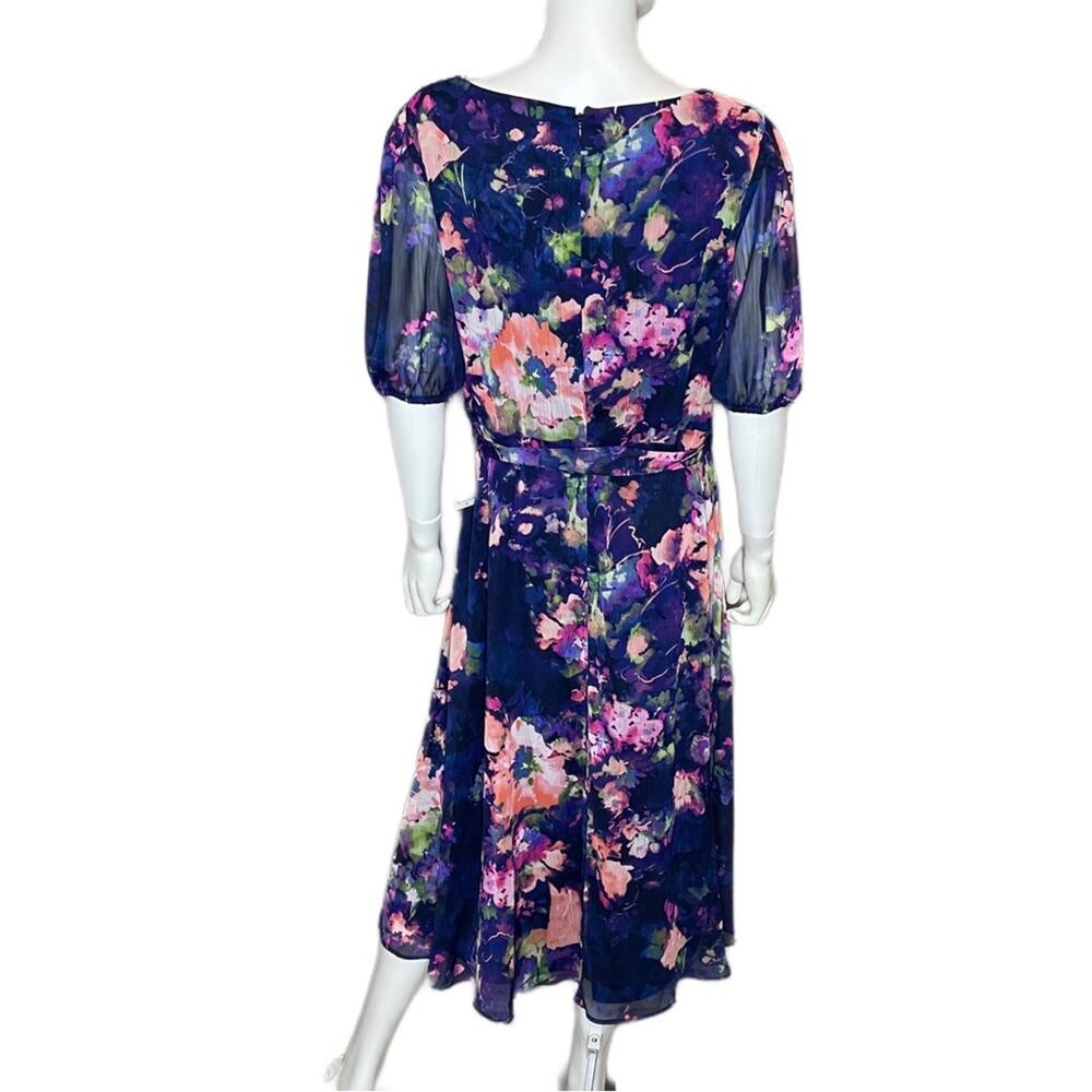 DKNY Short Sleeve V Neck Tie Waist Floral Chiffon Fit And Flare Dress Sz 16 - Picture 4 of 7